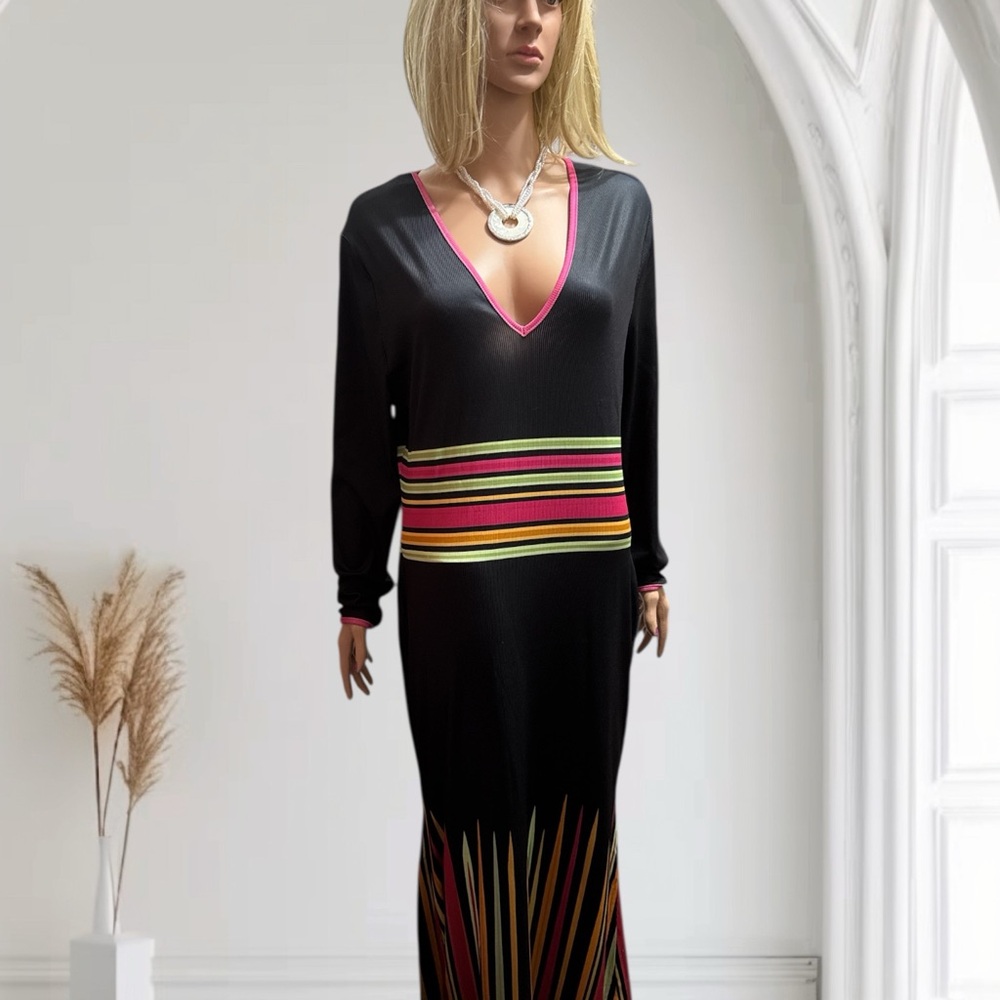 New Stein Elegant Black Maxi Dress with Colorful Stripes ribbed 2x